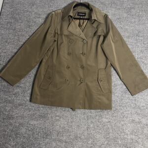 London Fog Jacket Womens XL Olive Green Double Breasted Trench Coat Poly Lined